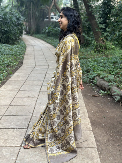Coffee brown Chanderi silk cotton saree with floral print