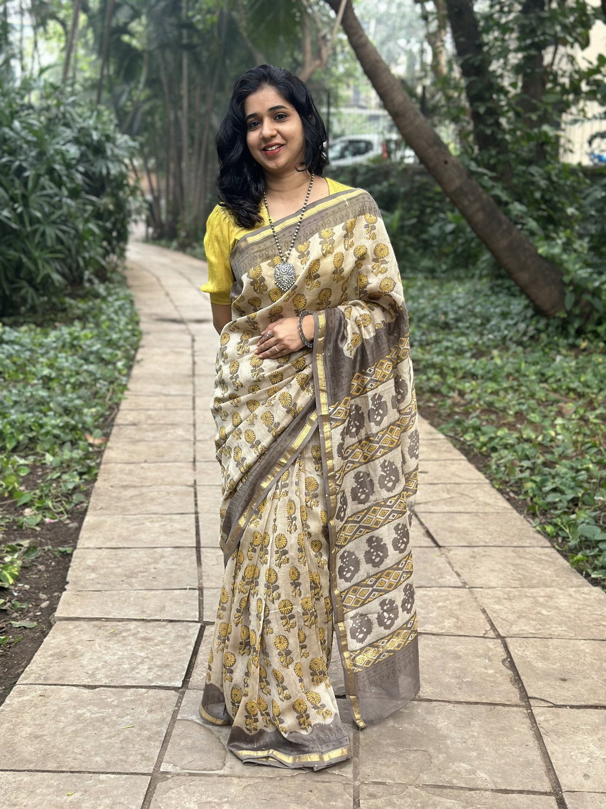 Coffee brown Chanderi silk cotton saree with floral print