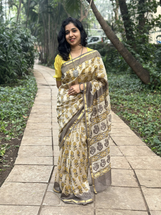 Coffee brown Chanderi silk cotton saree with floral print