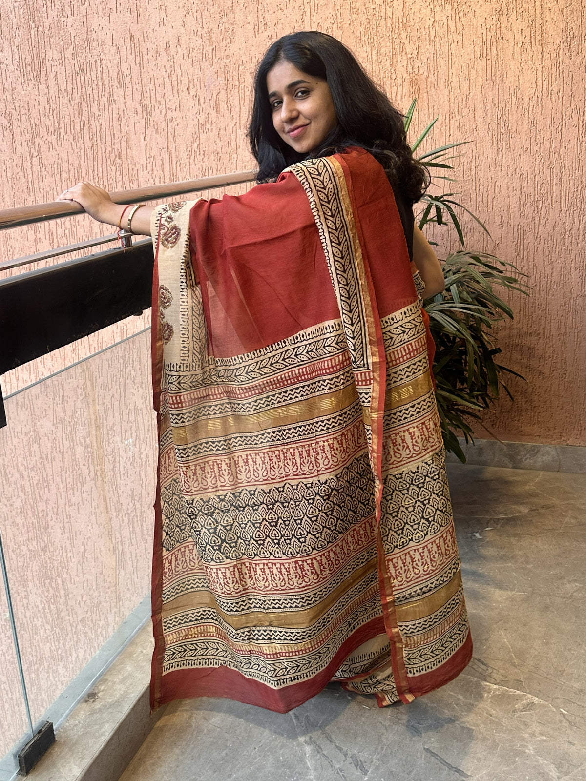 Red Chanderi silk cotton saree with handblock print