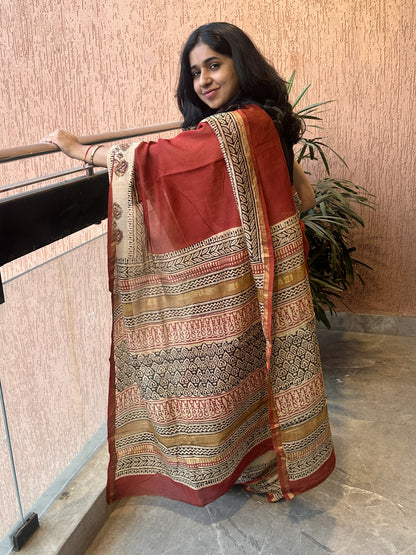 Red Chanderi silk cotton saree with handblock print