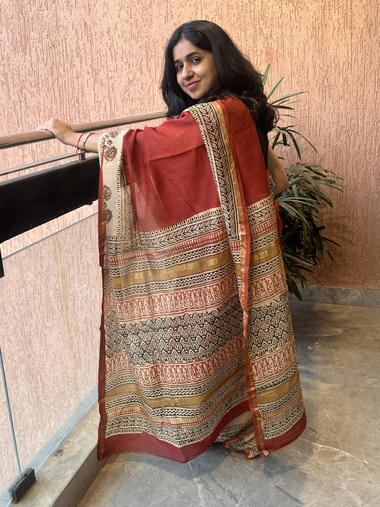 Red Chanderi silk cotton saree with handblock print