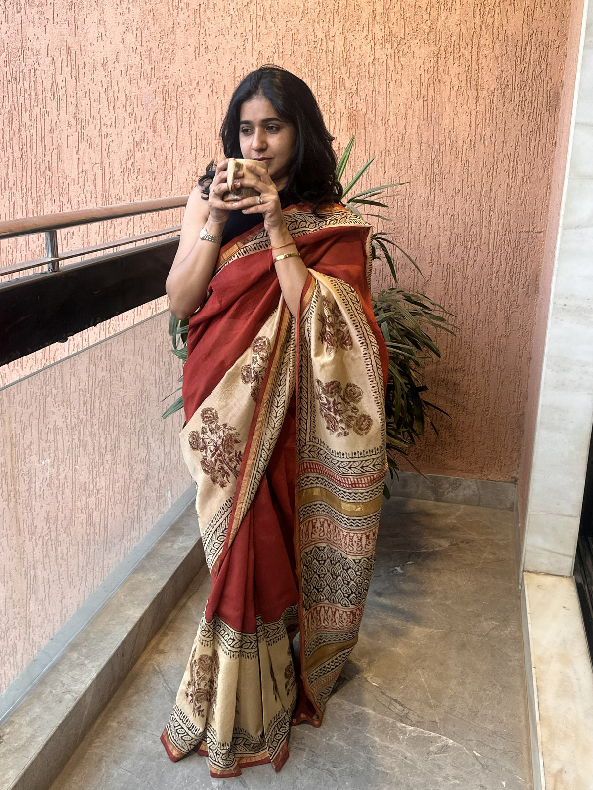 Red Chanderi silk cotton saree with handblock print