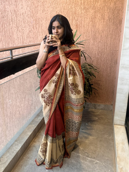 Red Chanderi silk cotton saree with handblock print