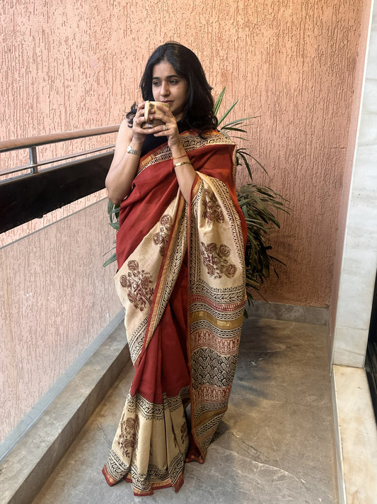 Red Chanderi silk cotton saree with handblock print