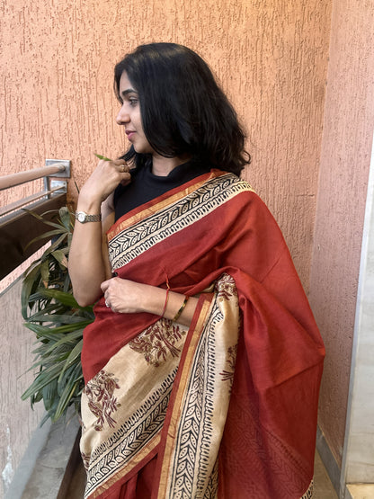 Red Chanderi silk cotton saree with handblock print