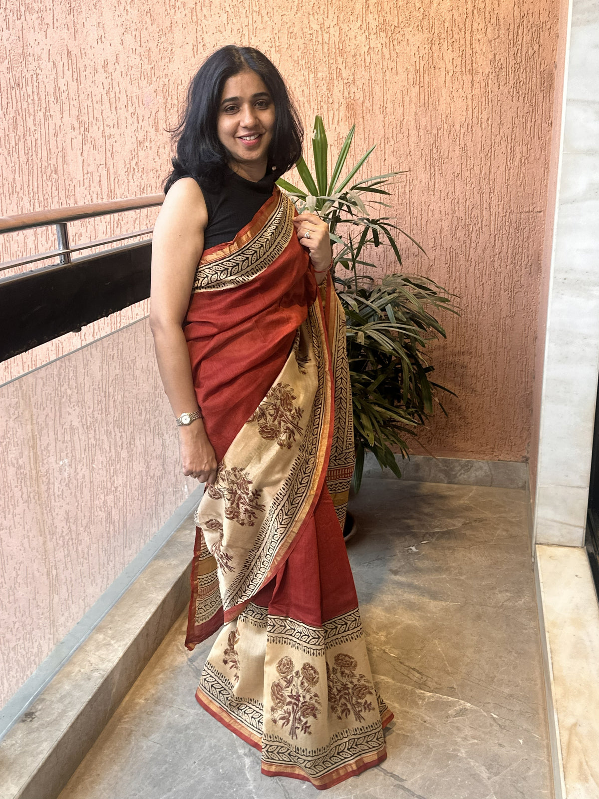 Red Chanderi silk cotton saree with handblock print