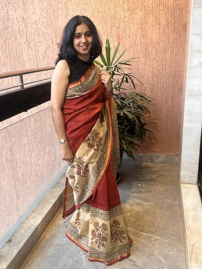 Red Chanderi silk cotton saree with handblock print
