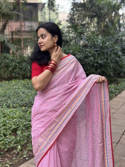 Light pink khadi cotton saree with multicolour Kantha butta.