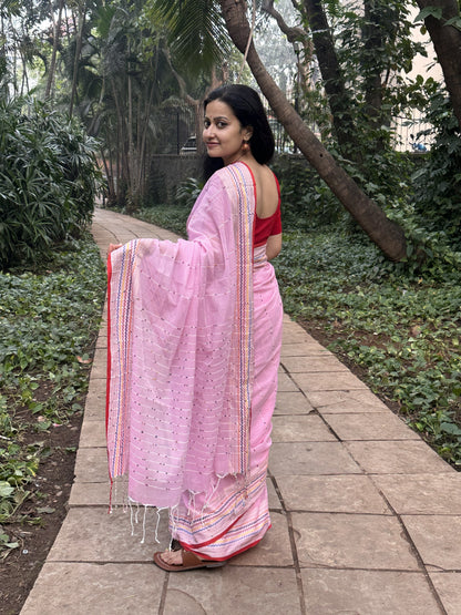 Light pink khadi cotton saree with multicolour Kantha butta.