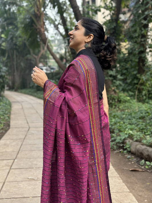 Dark purple khadi cotton saree with multicolour Kantha butta.