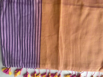 Purple and peach half-and-half mul cotton saree with stripe detailing.