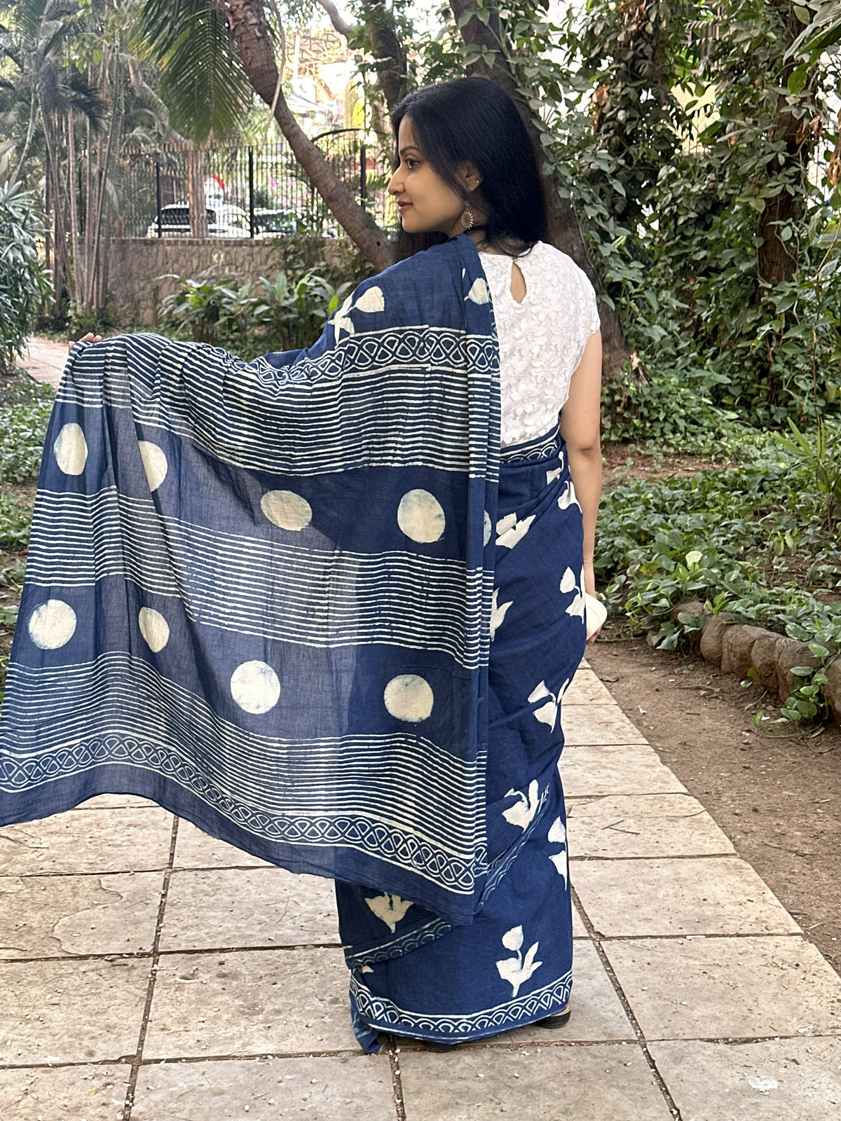 Indigo cotton saree with white floral handblock print