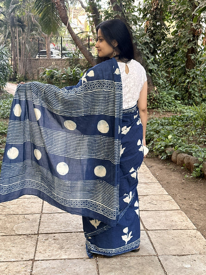 Indigo cotton saree with white floral handblock print