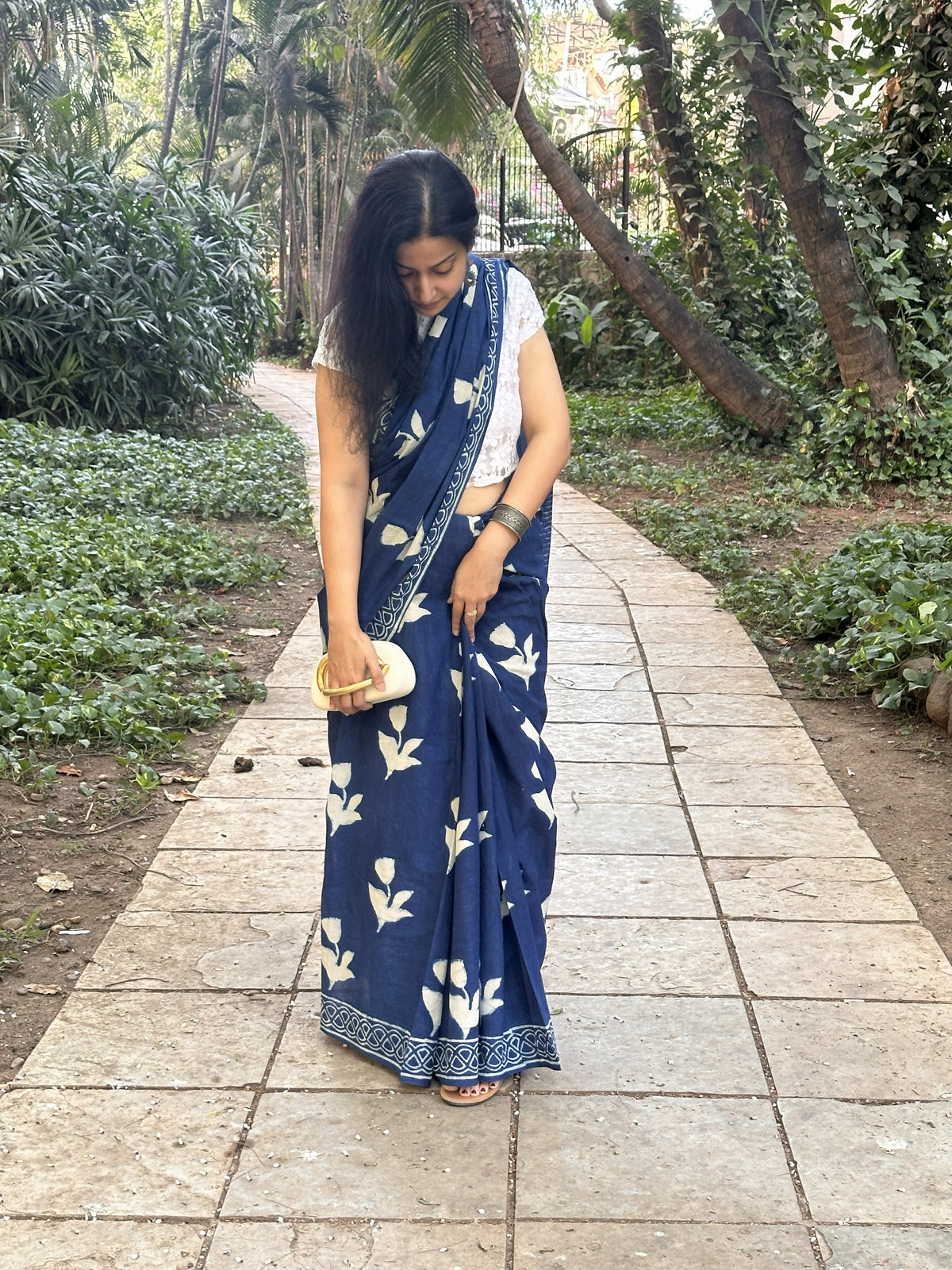 Indigo cotton saree with white floral handblock print