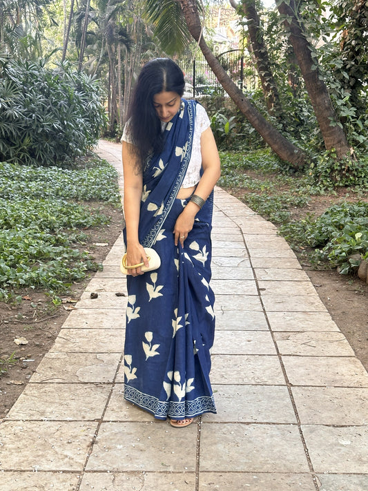 Indigo cotton saree with white floral handblock print
