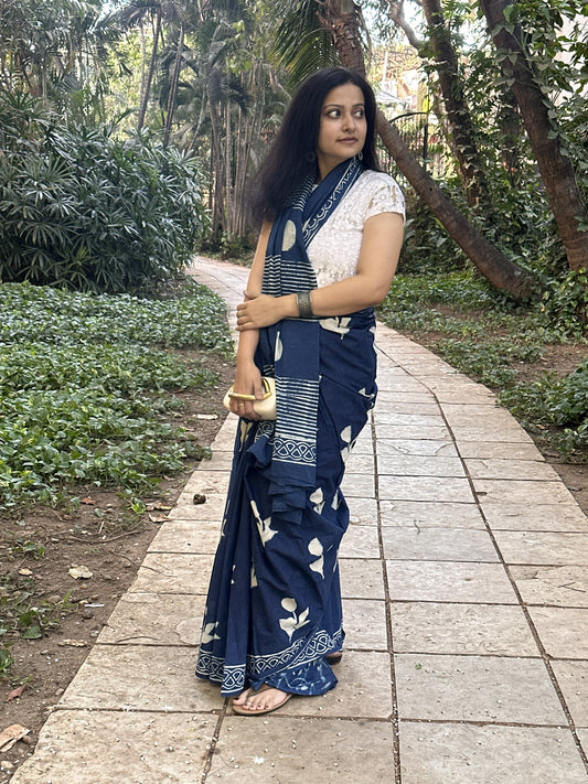 Indigo cotton saree with white floral handblock print