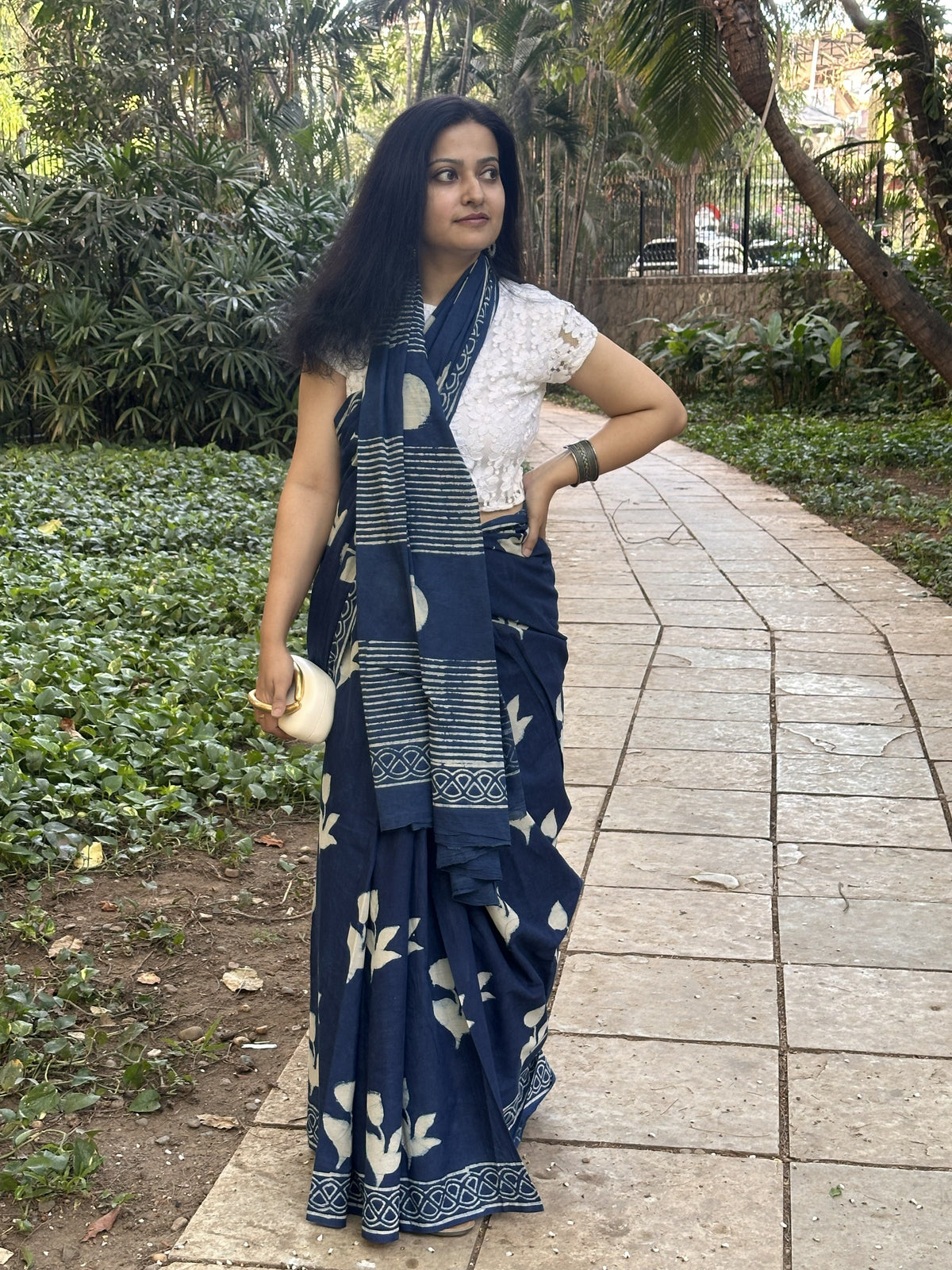 Indigo cotton saree with white floral handblock print