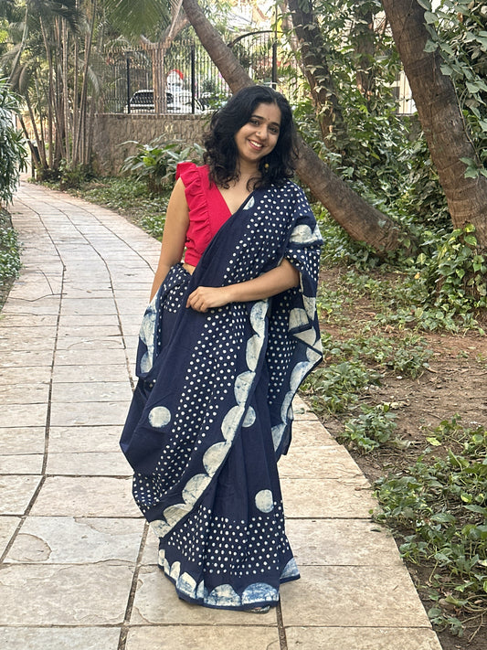 Indigo cotton saree with handblock polka dots