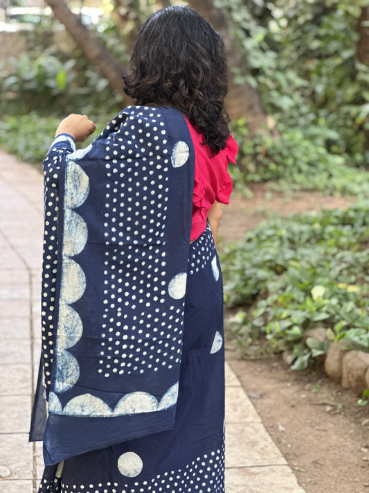 Indigo cotton saree with handblock polka dots