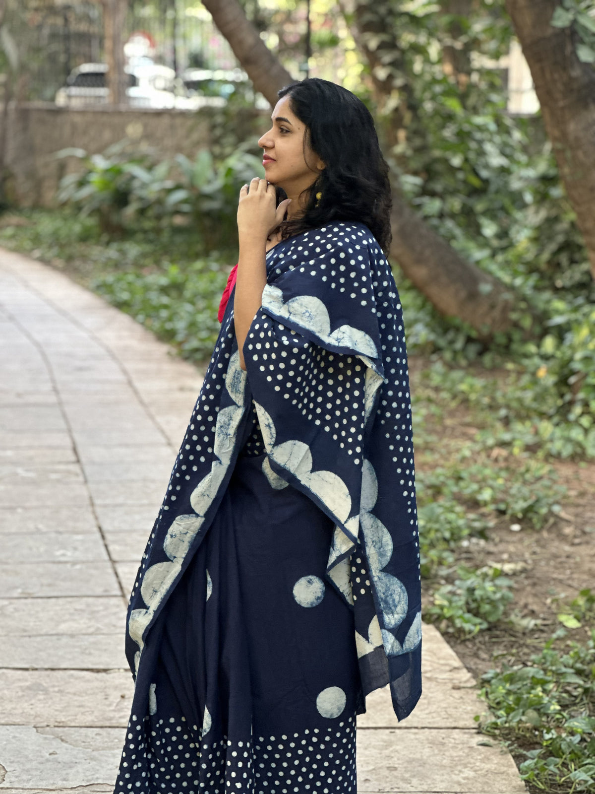 Indigo cotton saree with handblock polka dots