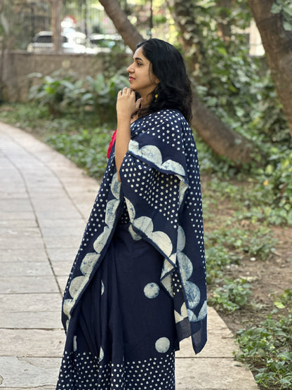Indigo cotton saree with handblock polka dots