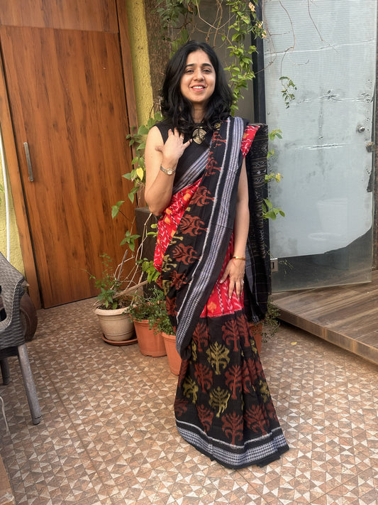 Red and black Sambalpuri cotton saree with double ikkat weave.