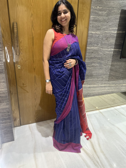 Blue handwoven cotton saree with Kantha stitch and contrast pallu
