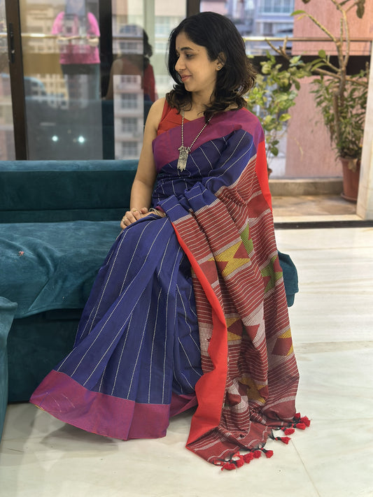 Blue handwoven cotton saree with Kantha stitch and contrast pallu