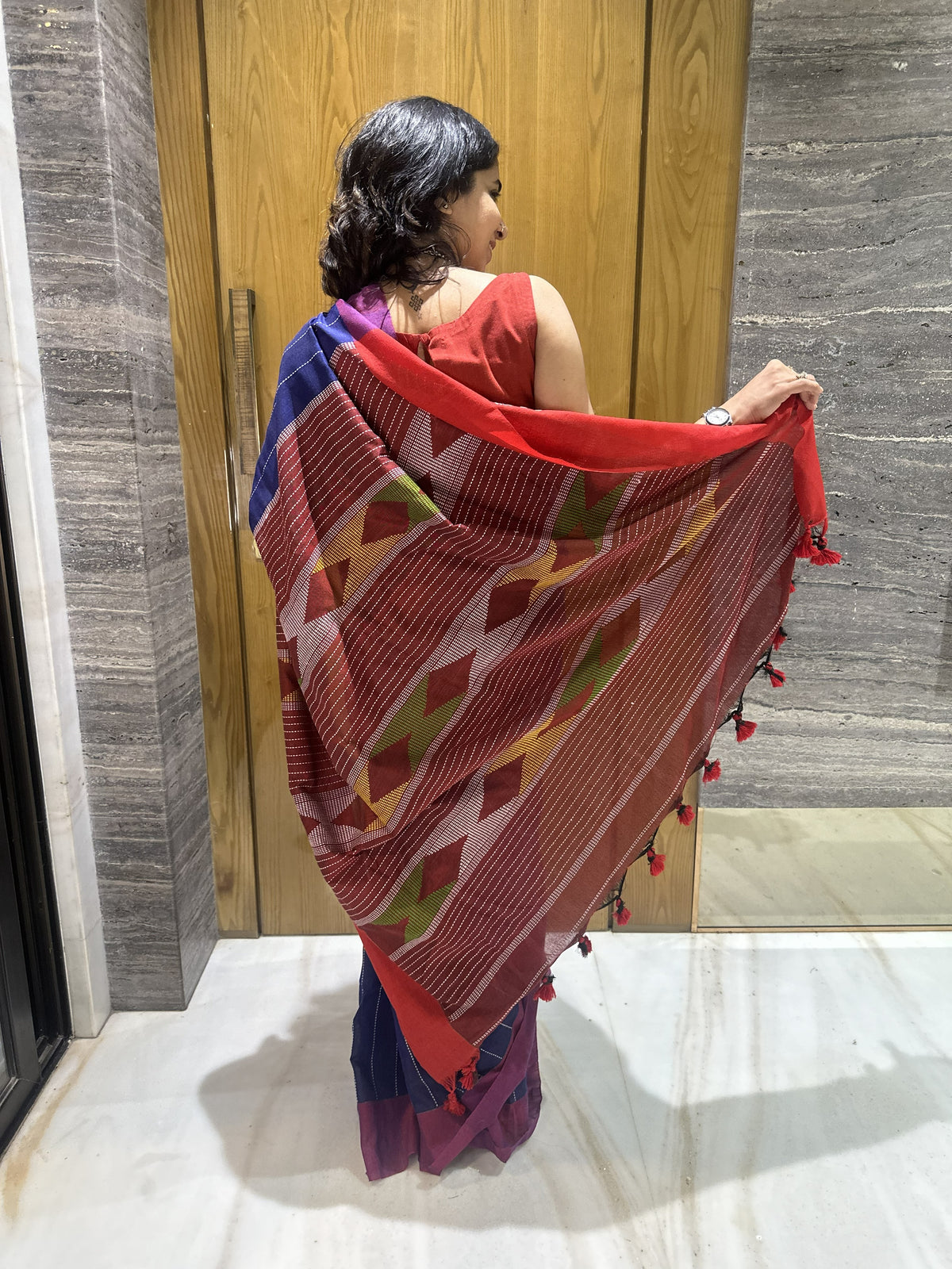 Blue handwoven cotton saree with Kantha stitch and contrast pallu
