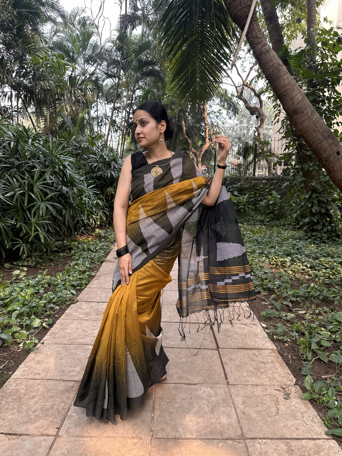 Mustard cotton saree with Kantha stitch and black border