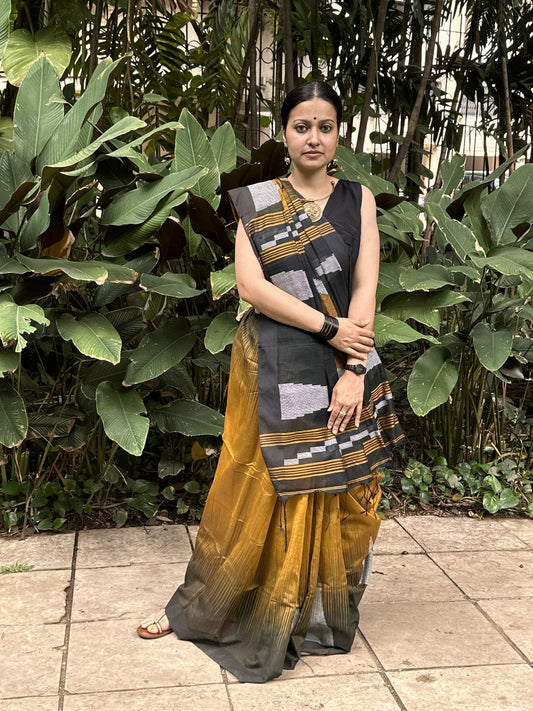 Mustard cotton saree with Kantha stitch and black border