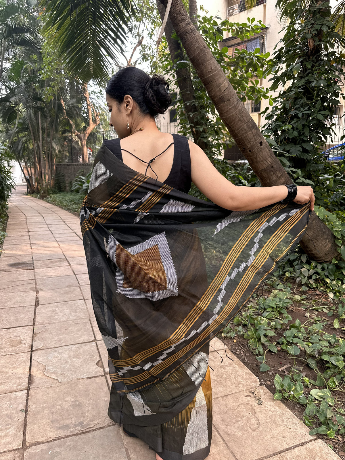 Mustard cotton saree with Kantha stitch and black border