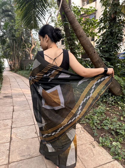 Mustard cotton saree with Kantha stitch and black border