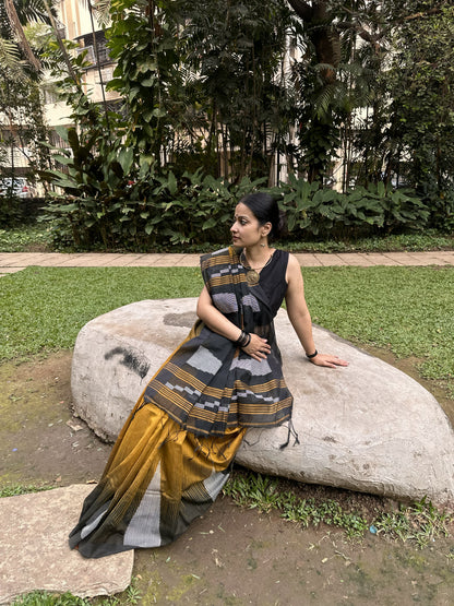 Mustard cotton saree with Kantha stitch and black border