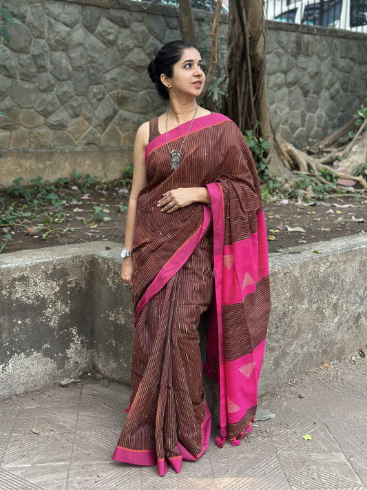 Brown cotton saree with Kantha stitch and Pink border