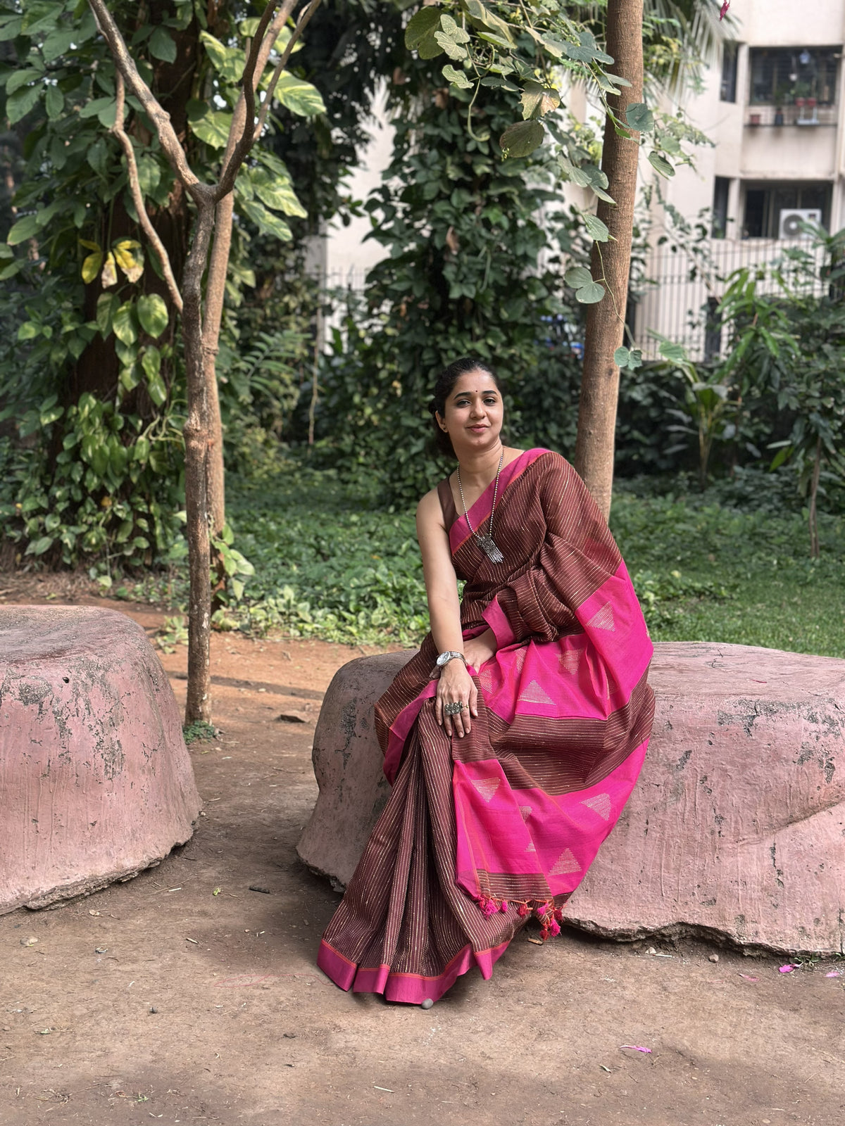Brown cotton saree with Kantha stitch and Pink border