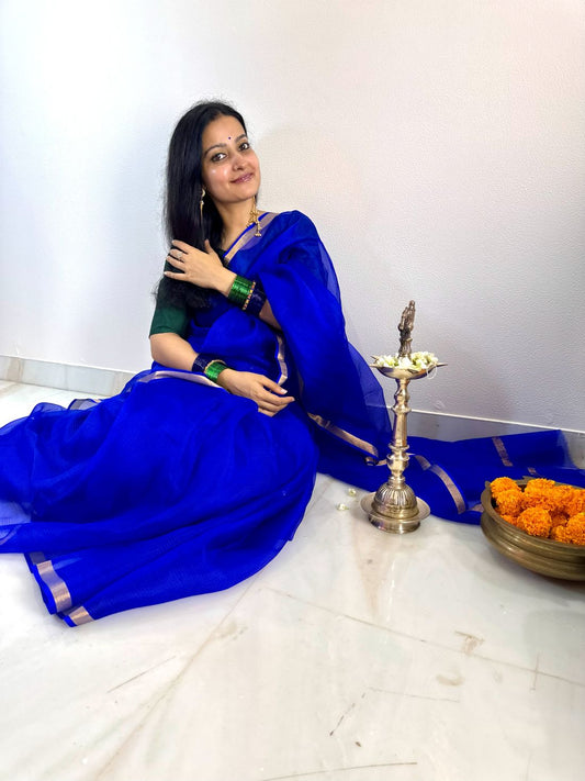 Dark blue Kota Doria Pure Silk saree