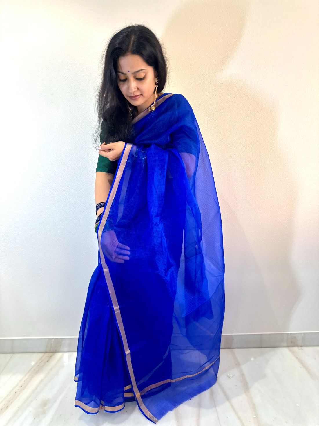 Dark blue Kota Doria Pure Silk saree