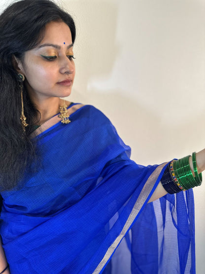 Dark blue Kota Doria Pure Silk saree