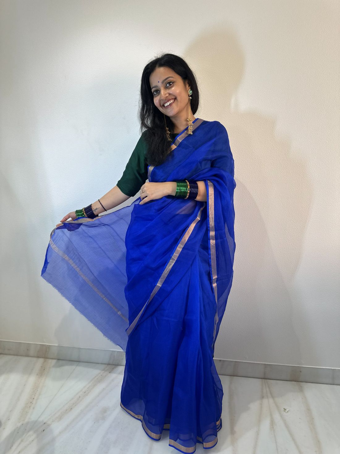 Dark blue Kota Doria Pure Silk saree
