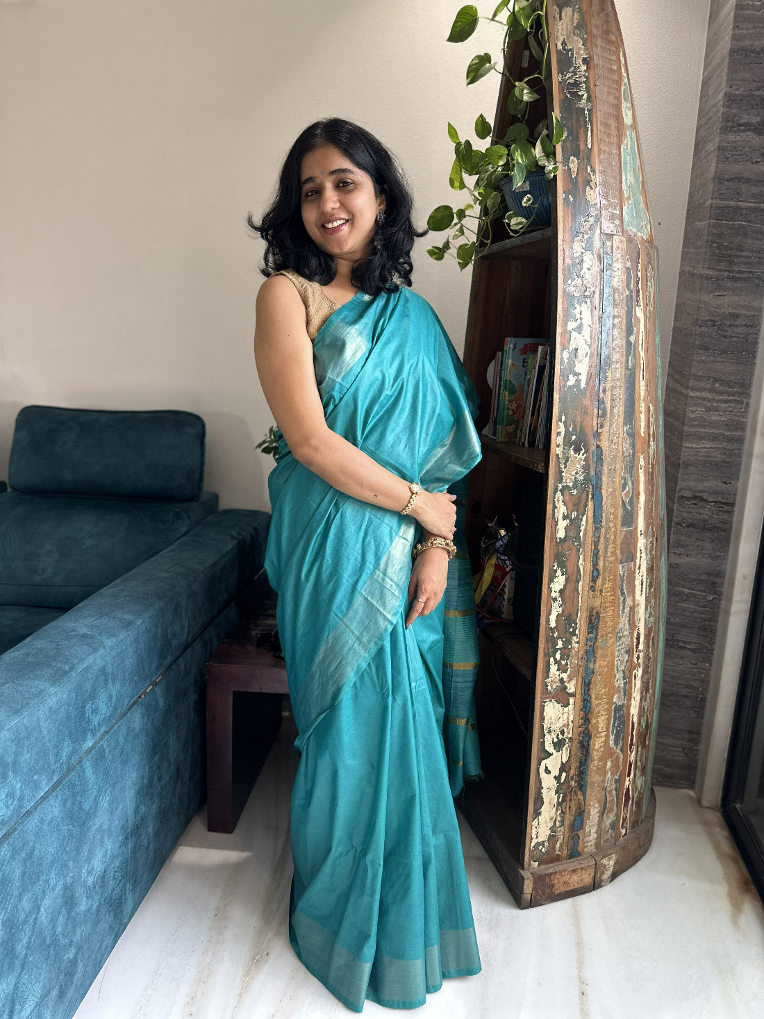 Teal Turquoise with antique gold zari stripes tusser gicha