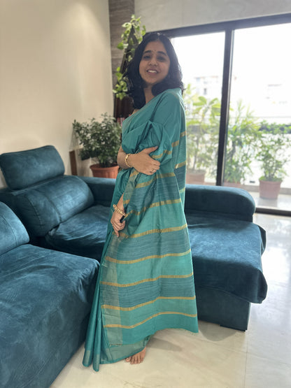 Teal Turquoise with antique gold zari stripes tusser gicha