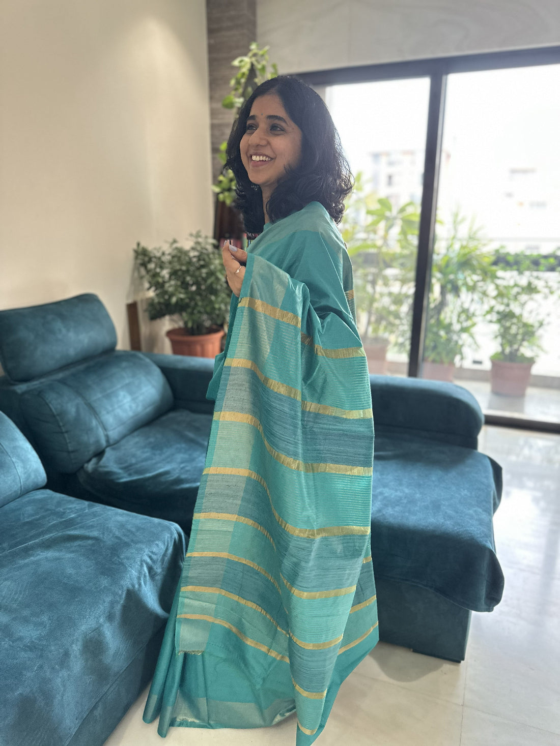 Teal Turquoise with antique gold zari stripes tusser gicha