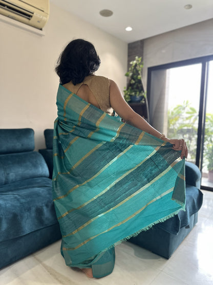 Teal Turquoise with antique gold zari stripes tusser gicha