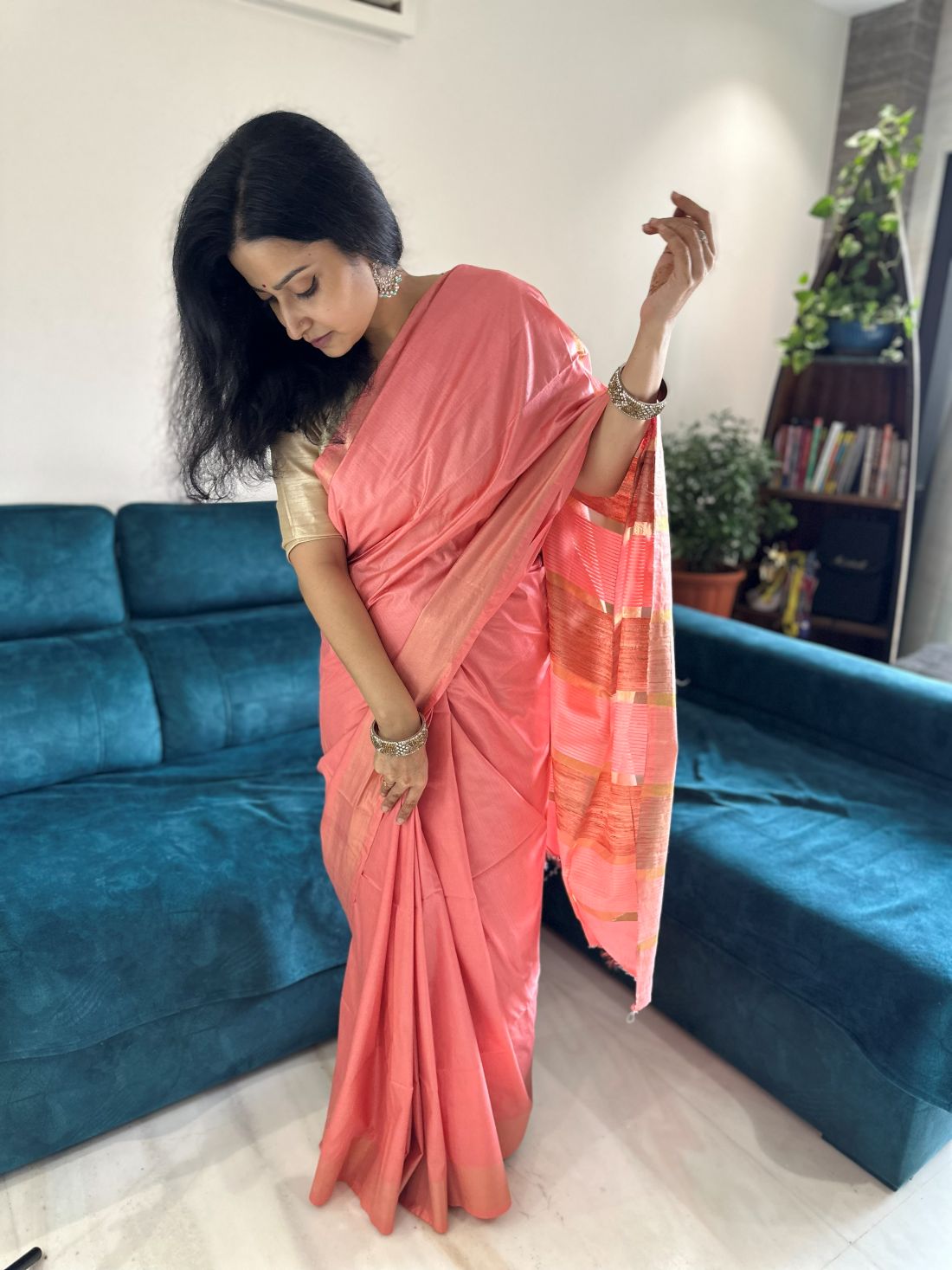 Peach with antique gold zari stripes tusser gicha