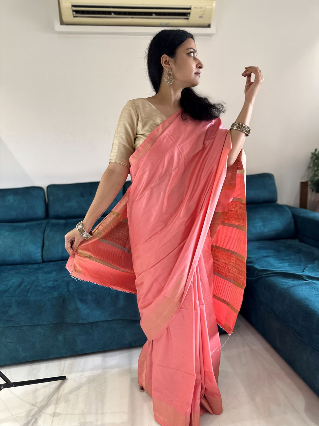 Peach with antique gold zari stripes tusser gicha