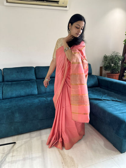 Peach with antique gold zari stripes tusser gicha