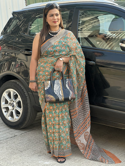 Green and orange floral handblock Kota cotton saree