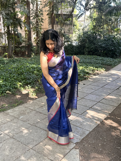 Dark blue Kota Doria silk saree with silver and red border